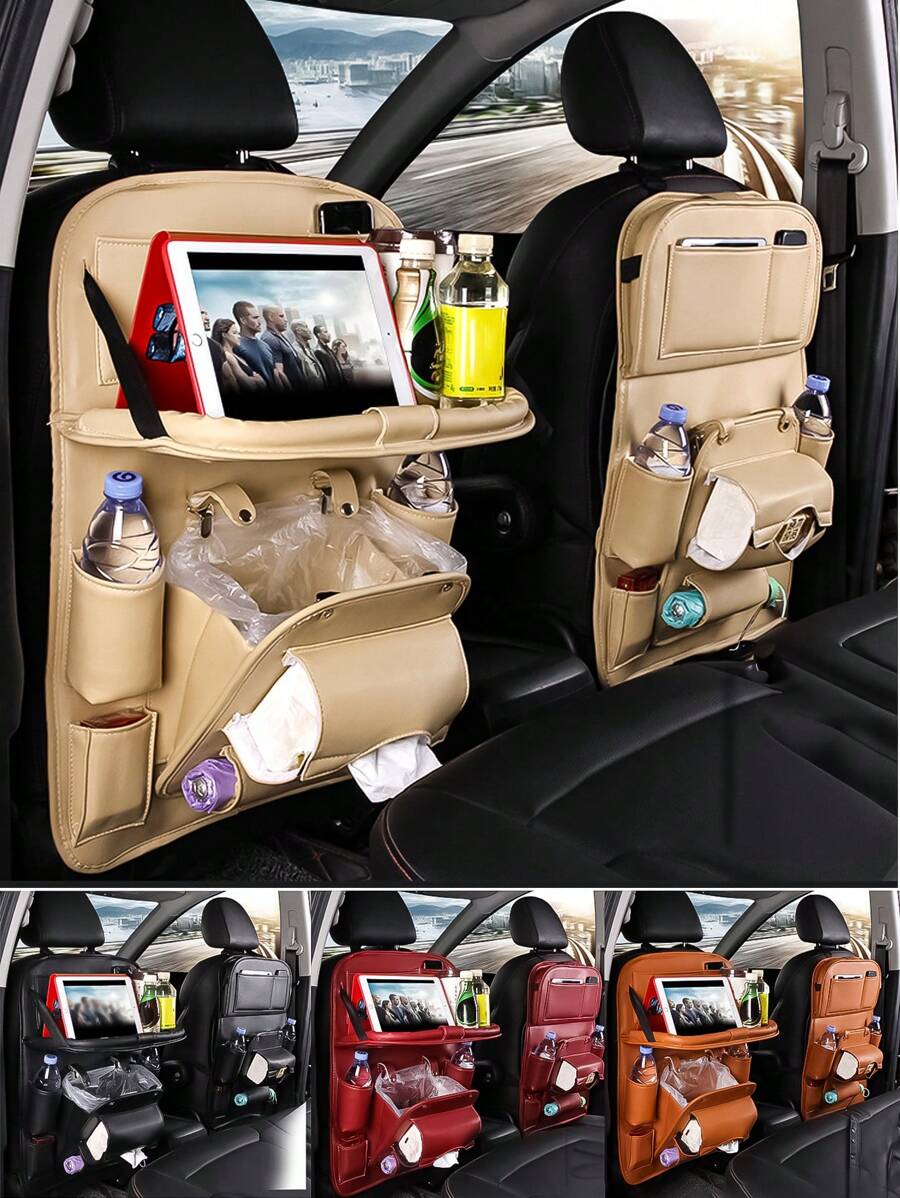 1pc PU Leather Hanging Car Seat Back Storage Bag, Travel Accessories Kick Mat Seat Protector With Cup Holder, Universal Seat Cover, Extra Large Capacity Car Organizer For SUV, Multi-Functional Space Saver, Available In 3 Models (Standard, Tray, Trash Can)