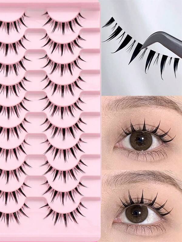 10 Pairs Manga Lashes Natural Look Eyelashes Cat Eye Lashes Cross Thick Mink Lashes Anime False Eyelashes Extension Makeup Tools Party Travel