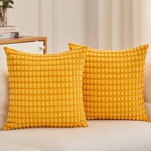 Bohemian Style Extra Large Bead Decorative Pillow Cover, Fashionable Corduroy Soft Solid Color Square Pillow Sham, Suitable For Sofa, Bed, Car (Pillow Insert Not Included), Suitable For Party, Daily Home Use, All Seasons - Yellow - View 2