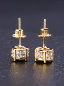 1 Pair Of Luxurious Retro S925 Sterling Silver Hip-Hop Men'S Earrings With Synthetic Zirconia Micro Inlaid 14k Gold Plated Round Earrings Suitable For Daily Party Wear