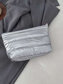 1 pièce Portefeuille Pochette Minimaliste Couleur Unie Argent, Sac de Rangement Matelassé à Fermeture Éclair pour le Shopping et les Voyages pour Femmes