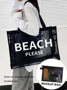 Nylon Mesh Bag Beach Letters Pattern Mesh Tote Bag With Large Capacity Beach Bag,Mother's Day Gifts,And Mesh Toiletry Bag Portable Beauty Bag,Seaside Atmosphere Beach Mesh Tote Bag,Large Capacity Shopping Bag,Use Tt Yourself Or Give Gifts To Others,For Friends,Mom,Teachers,Teacher Gifts,Large Capacity Tote Bag - Black - View 4