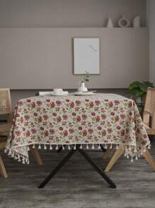 Bubaba 1 Piece Vintage Rose Floral Rectangular Tablecloth, Bohemian Rustic Farmhouse Style Linen Flower Print Home Decor, Suitable For Dining Room, Kitchen, Bedroom, Living Room, Events, Parties, Weddings, Festivals, All Seasons, Round Tablecloth - Multicolor - View 5