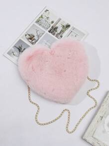 Pink Plush Heart Shaped Kids Crossbody Bag, Simple & Practical Multi-Functional Girls Furry Wallet, Ladies Soft Little Shoulder Bag Clutch Bag With Metal Chain, Perfect Funny Novelty & Prank Gifts, Autumn Wallet, Valentine's Day Gift