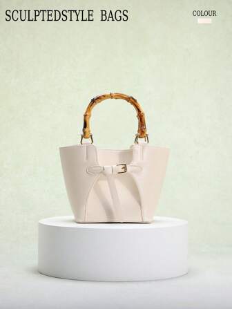 SCULPTEDSTYLE BAGS 1 件装新款象牙色 PU 高端防水抽绳水桶包，小众设计，带腰带打结，女士竹制手柄单肩包手提包，2 件套，适合办公室工作