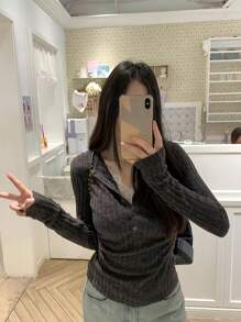 Buttons Detail Casual Lace Ruched 2 In 1 Brushed T-Shirt Top