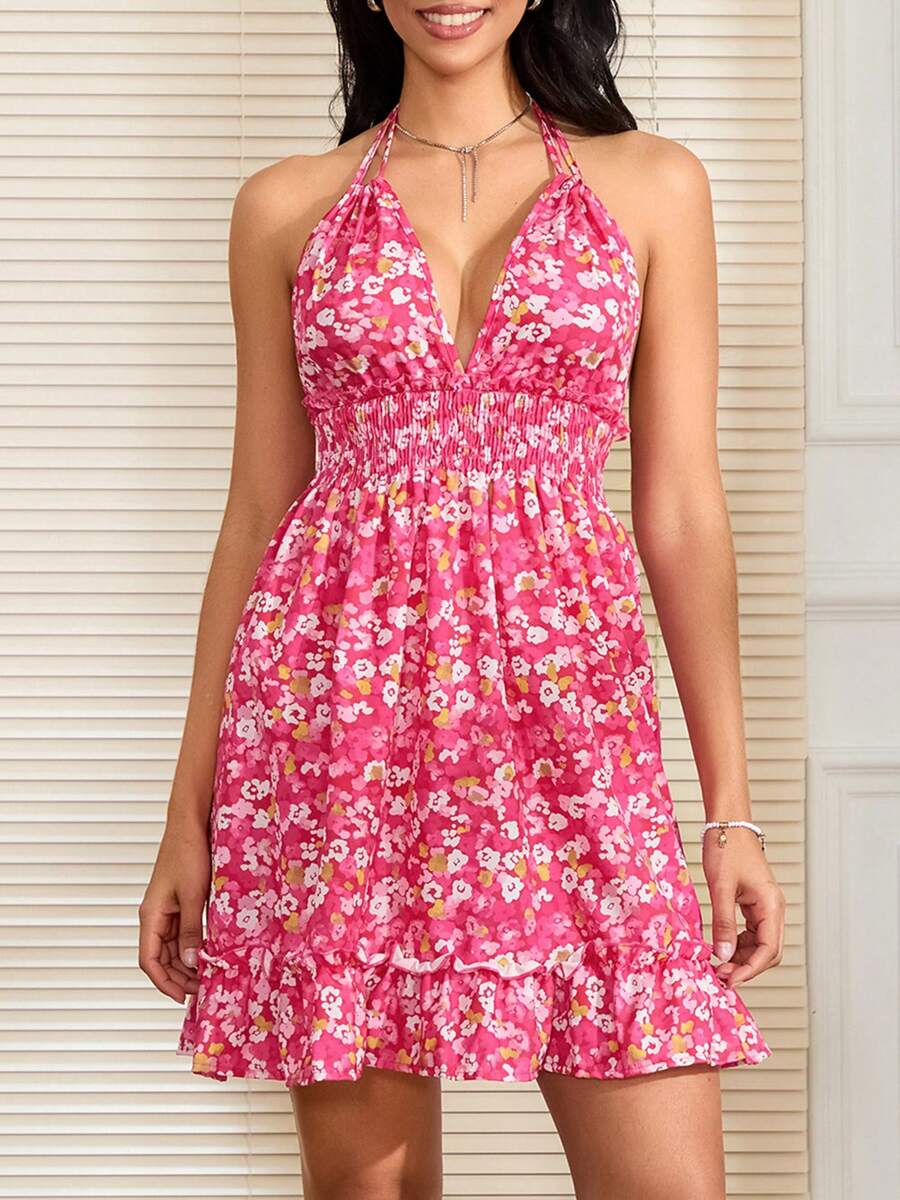 Women Floral Halter Cami Dress Low Cut Sleeveless Open Back Short Ruffled Mini Dress - Hot Pink - View 1