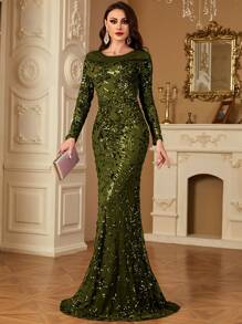 hezixi Plus Size Women's Spring/Summer High-Quality Elastic Sequin , Very Comfortable To Wear, Suitable For Different Body Wear, Formal, Party Dress, Gown, For Evening, Wedding Guest - Olive Green - View 5