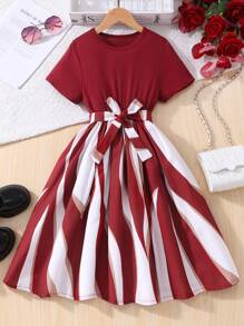 Girls Casual Round Neck Stripe Short Sleeve Dress, Versatile For Toddler & Tween Girl