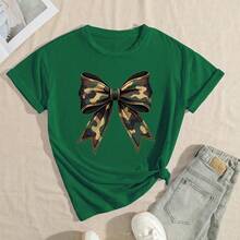 Women Camouflage Bow Design Round Neck Short Sleeve Casual Basic T-Shirt, Summer
