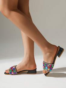 Women's Fashionable Sexy New Sandals, Luxury Colorful Glass Rhinestone Strap Charming Open Toe Summer Festival Casual Outdoor Versatile Low Heel Slides - Black - View 5