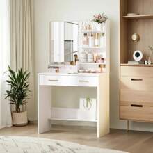 HEXCELEN Dressing Table With Mirror, Dressing Table With 4 Open Storage Compartments And 2 Compartments, Dressing Table With 2 Drawers, For Bedroom, Living Room - trắng - Xem 2