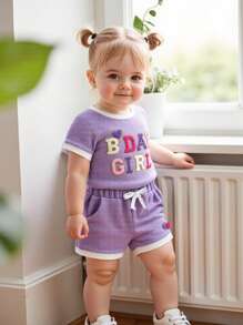 Toddler Girl Birthday Outfits Letter Embroidery Short Sleeve Round Neck T-Shirt + Elastic Waist Shorts 2 Pcs Set - Purple - View 5