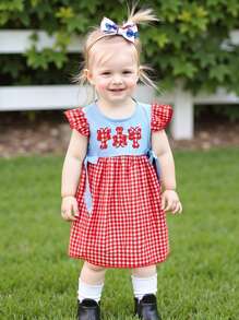 Girls Summer Plaid Dress Flying Sleeve Round Neck Lobster Embroidery A-Line Beach Dresses