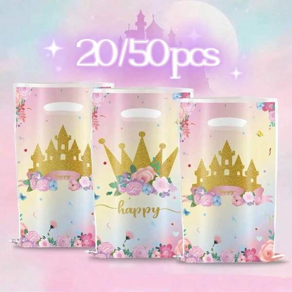 20/50 Pink Gift Bag, Crown Pattern, Plastic Bag With Handle, Birthday, Wedding, Party, Festival, Mother's Day, Independence Day, Thanksgiving, Gift Packaging