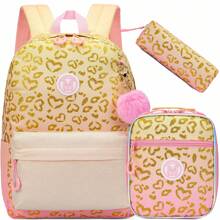 3 件套女孩背包学校背包带午餐盒铅笔盒适合 8-10 岁小学生儿童旅行背包 3 合 1 女孩背包套装热压豹纹背包