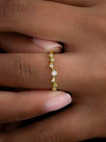 1pc Minimalist Micro Pave 7 Cubic Zirconia Round Stone Copper Ring, Suitable For Women Daily Wear Engagement Wedding Jewelry Gift