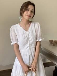 Holiday Casual Solid Color Textured V-Neck Short Sleeve Dress - White - View 1