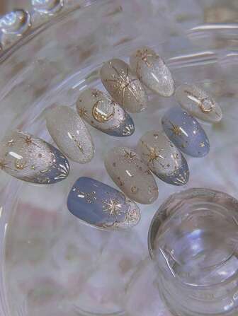 24 片中号椭圆形细闪星月法式甜美多功能温和假指甲用品套装适合女孩日常工作佩戴，1 个指甲锉，1 个果冻胶按压指甲