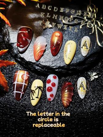 10pcs/Set Handmade French Style 3D Letters Fashionable False Nails For Daily Use Press-On Nails