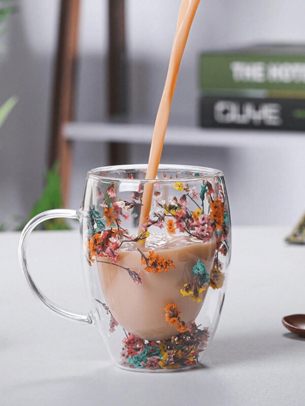 1 doppelwandiger Glaskaffeebecher mit getrockneten Blumen, isoliert und hitzebeständig, geeignet für heiße und kalte Getränke, perfekt für kalte Getränke, Sprudelwasser, Fruchtee, Saft und Latte Kaffee - geeignet für Hochzeiten, Partys, Brautduschen, Geburtstagsgeschenke, usw. Schulanfang