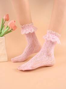 1 Pair Women's Lace Mid-Calf Socks With Ruffle, Elastic Hollow-Out Net Design, Lolita Style Kawaii Socks - Pink - View 5