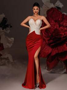 Smilprince 优雅红白串珠高开衩甜心紧身礼服，女士舞会礼服，正式晚礼服，婚礼宾客礼服，奢华美人鱼礼服派对礼服