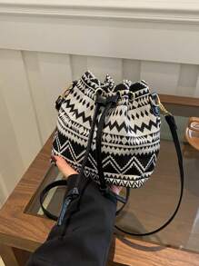 新款迷你中国风布包单肩包2025民族风书法单肩包女士复古印花水桶包春季休闲时尚女士包包手拿包 - 黑色 - 查看 1