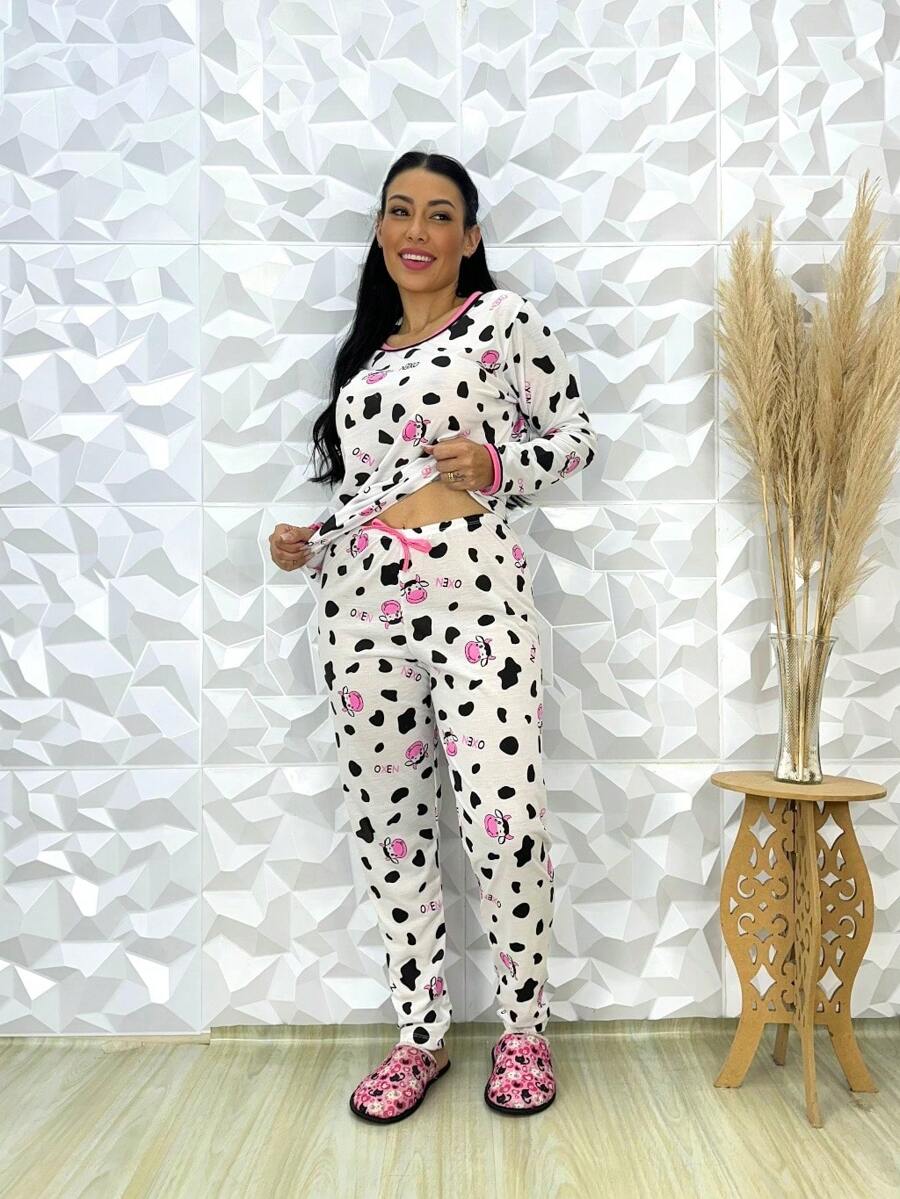 Cow Print Pajamas Women's Long Comfortable Cold Weather Pajamas - 黑與白 - 查看 1