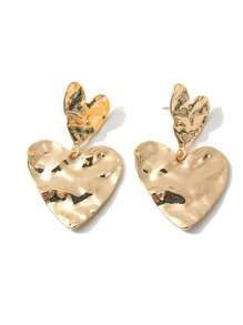 1 Pair Women Heart Pattern Metallic Textured Effect Drop Earrings, Fashionable And Versatile Gift For Daily Wear
