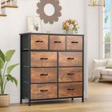 9 Drawer Fabric Dresser, Furniture Storage Tower Cabinet, Organizer For Bedroom, Hallway, Closet, Sturdy Steel Frame, Wooden Top, Easy-To-Pull Fabric Bins(Black Grey) - 9 Drawers Retro Brown - View 5