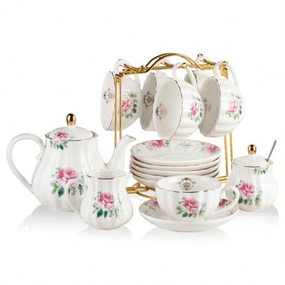Porcelain Tea Sets British Royal Series, 8 OZ Cups& Saucer Service For 6, With Teapot Sugar Bowl Cream Pitcher Teaspoons And Tea Strainer For Tea/Coffee