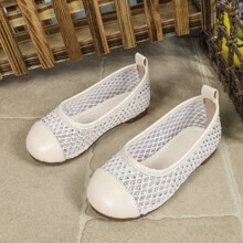 2 双经典百搭女童/幼儿鞋，防滑软底柔软面料浅口休闲网眼凉鞋，舒适新款春夏平底儿童鞋 - 杏色 - 查看 7
