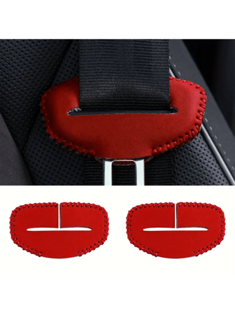 2 piezas Clips de cinturón de seguridad de coche de PU - Cubierta roja resistente a arañazos, costura perimetral, accesorios interiores de vehículo cómodos, garantizar la seguridad y la durabilidad, protección del asiento del coche | Decoración elegante del coche | Clips de PU, Fundas de cinturón de seguridad