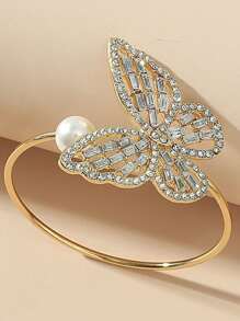 1pc Fashion New Butterfly Crystal Rhinestone Hollow Faux Pearl Open Bangle Bracelet, Gift For Women