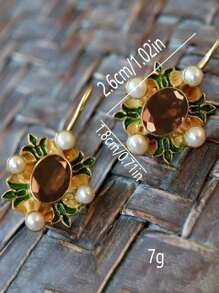 2pcs Bohemian Vintage Metal Leaf & Pearl Inlaid Gemstone Earrings For Women, Party And Daily Wear