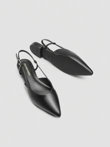 Women's Elegant Pointed-Toe Slingback Ballet Flats Leather Buckle Strap Classic Low Heel Dress Shoes For Casual Work Office Party - Black - View 6