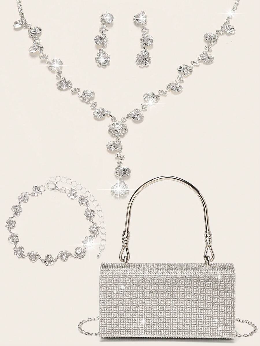 女士水钻首饰 闪亮奢华水钻首饰套装 闪亮项链耳环手链套装 时尚银色水钻手提包 宴会包 手提包 婚礼派对 新娘钱包手提包 宴会手提包 - 銀色 - 查看 1