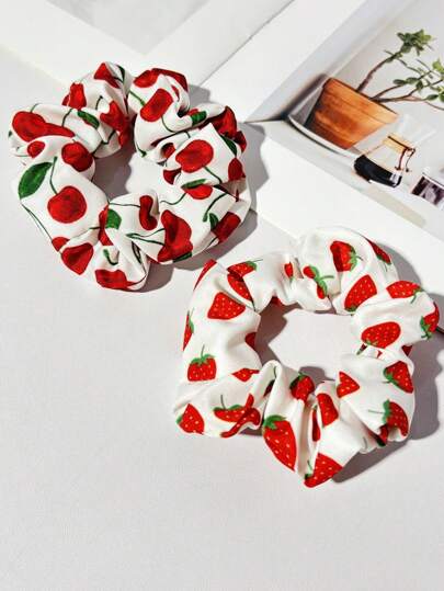 2pcs Cherry & Strawberry Fruit Print Hair Scrunchies, Sweet & Fashionable Hair Accessories For LadiesHair Ties Scrunchy Hair Ties, Cute Accessories