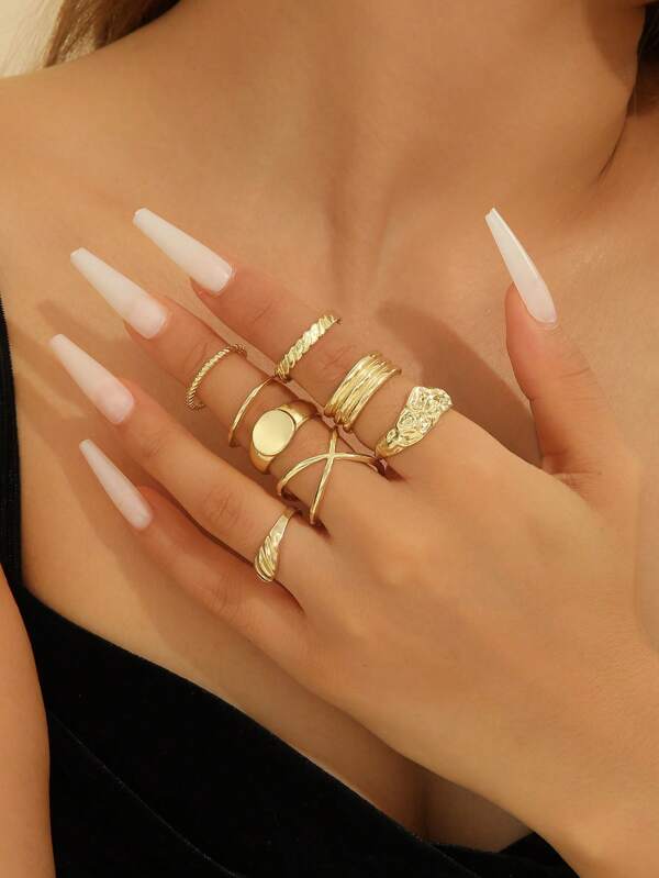 10pcs/Set Geometric Metal Lava Line Design Open Rings Set, Exaggerated Style Suitable For Women Daily Wear, Party, Gift, Jewelry