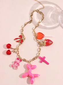 1 pieza Collar colgante con diseños de fresa roja y rosa, cereza, lazo, oso, paleta y perro - Regalo de joyería divertida para mujeres apta para verano, citas y fiestas