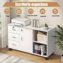 Archivador de 3 cajones, archivador lateral extraíble, soporte para impresora con estantes de almacenamiento abiertos para oficina en casa - Blanco - Ver 4