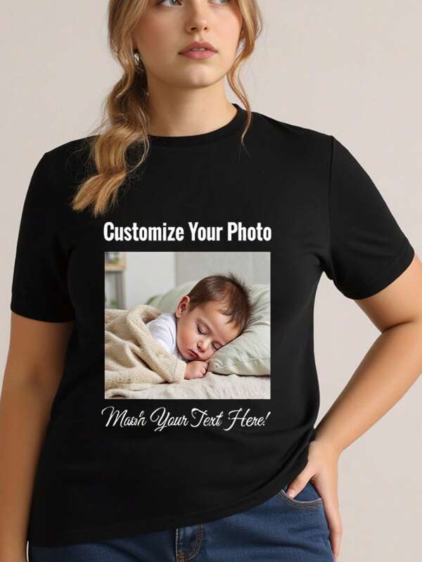 Personalized Photo Printing Plus Size Casual Crew Neck Short Sleeve T-Shirt, Customizable With Friends/Couples/Pets/Sisters/Selfies/Family Photos, Customized Text/Wishes/Names, Spring/Summer Tee, Surprise Gift, Best Friend Gift, Anniversary Gift, Casual Sports Tee, BBW Clothing, Birthday Gift, Wedding Gift, Mother's Day Gift, Valentine's Gift, Gift For Her, Women's Tops, Music Festival Outfit, Party Gift