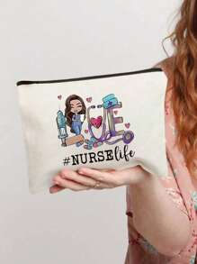 多功能帆布拉链药包，带彩色医疗印花，护士主题化妆包 - 轻质无味涤纶旅行洗漱包