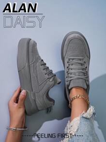Deportivas de plataforma con cordones y encaje gris estilo sencillo para mujer, calzado deportivo unisex ligero y cómodo para uso casual/diario, nuevo lanzamiento 2025