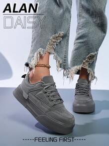 Deportivas de plataforma con cordones y encaje gris estilo sencillo para mujer, calzado deportivo unisex ligero y cómodo para uso casual/diario, nuevo lanzamiento 2025