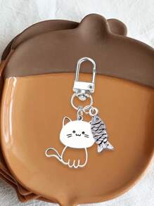 不锈钢卡通动物吊饰 - 可爱的小猫和鱼钥匙扣，带有微笑猫咪设计，是完美的复活节篮子填充物、母亲节礼物或猫咪爱好者、女性的生日惊喜 - 非常适合日常使用、旅行、学校和工作 - 銀色 - 查看 4