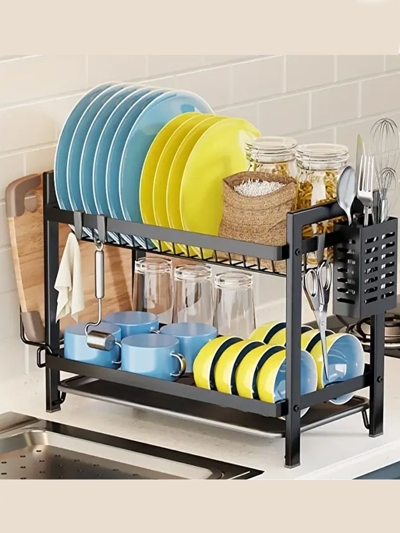 1-Pack Black 2-Tier Iron Dish Rack With Drain Board & Chopsticks Holder - Heavy Duty Kitchen Countertop Organizer, Large Capacity Utensil Drying Rack, Rust-Resistant Dish Drainer For Sink Side - Multicolor - View 1