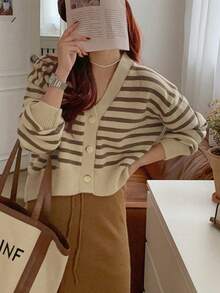 Casual Loose Striped Drop Shoulder Cardigan, Autumn/Winter