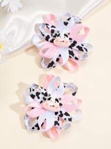 2PCS Girls Cow Flower Hair Clips, Cute Cow Hairpins For Girls, Exquisite Polyester Grosgrain Ribbon Hair Clips For Daily, Hair Accessories